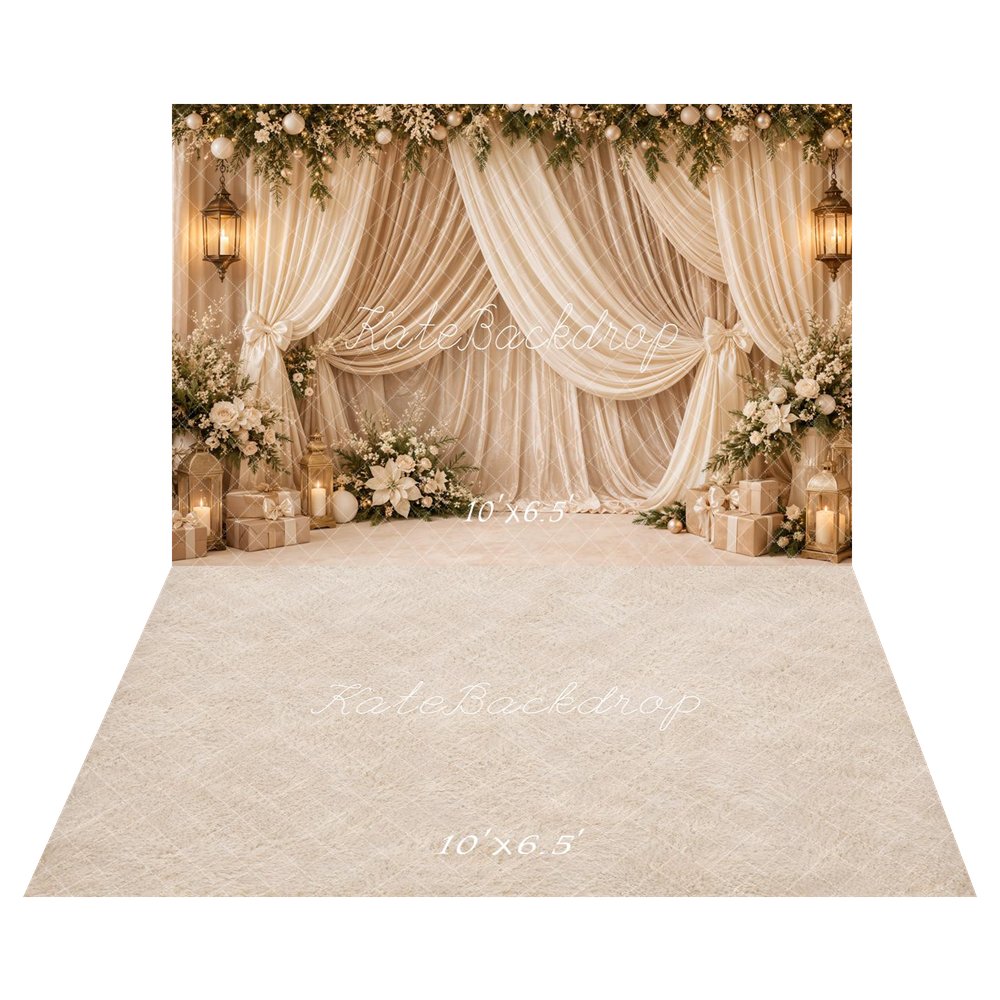 Kate Christmas Cream Drapes Garland Lanterns Presents Flowers Printed Backdrop+Beige Furry Plush Floor Printed Backdrop