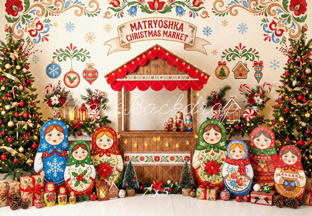 Kate Christmas Matryoshka Market Christmas Trees Ornaments Printed Backdrop Designed by Patty Roberts