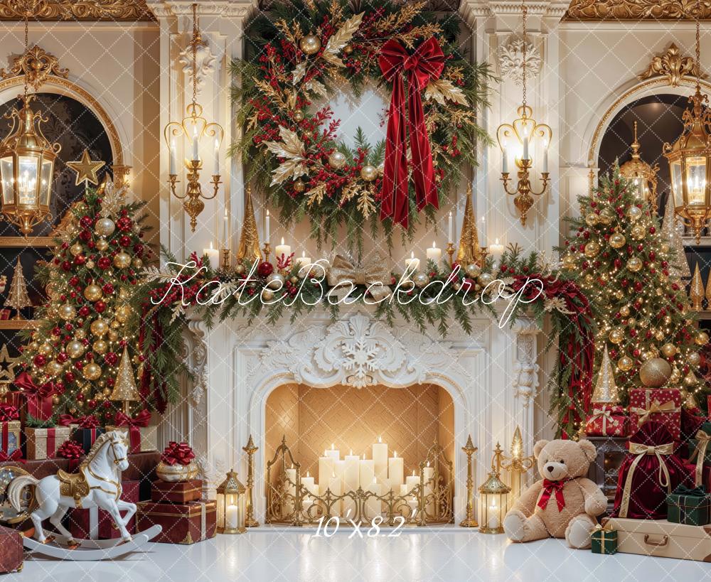 Kate Christmas Fireplace Luxury Trees Wreath Gifts Printed Backdrop Designed by Mini MakeBelieve