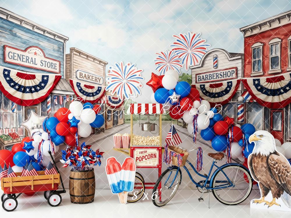 Kate 4th Of July Main Street Fireworks Balloons Bike Eagle Printed Backdrop Designed by Patty Roberts