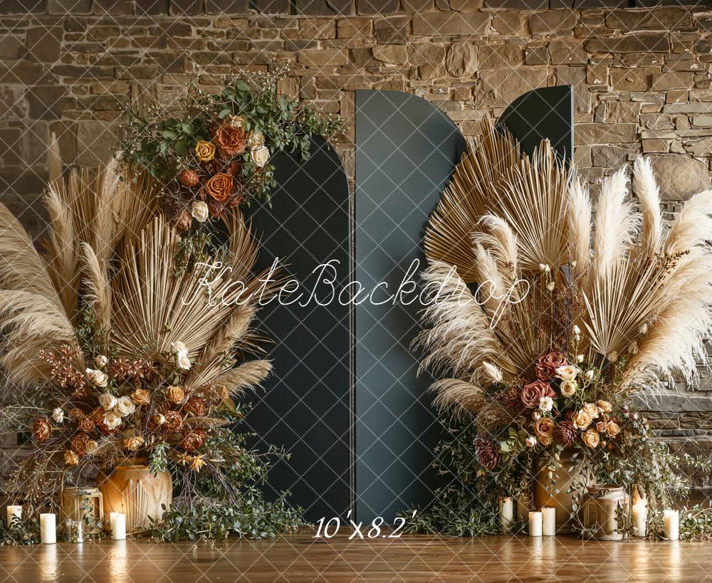 Kate Mother's Day Boho Pampas Grass Dried Flowers Stone Wall Backdrop Designed by Emetselch