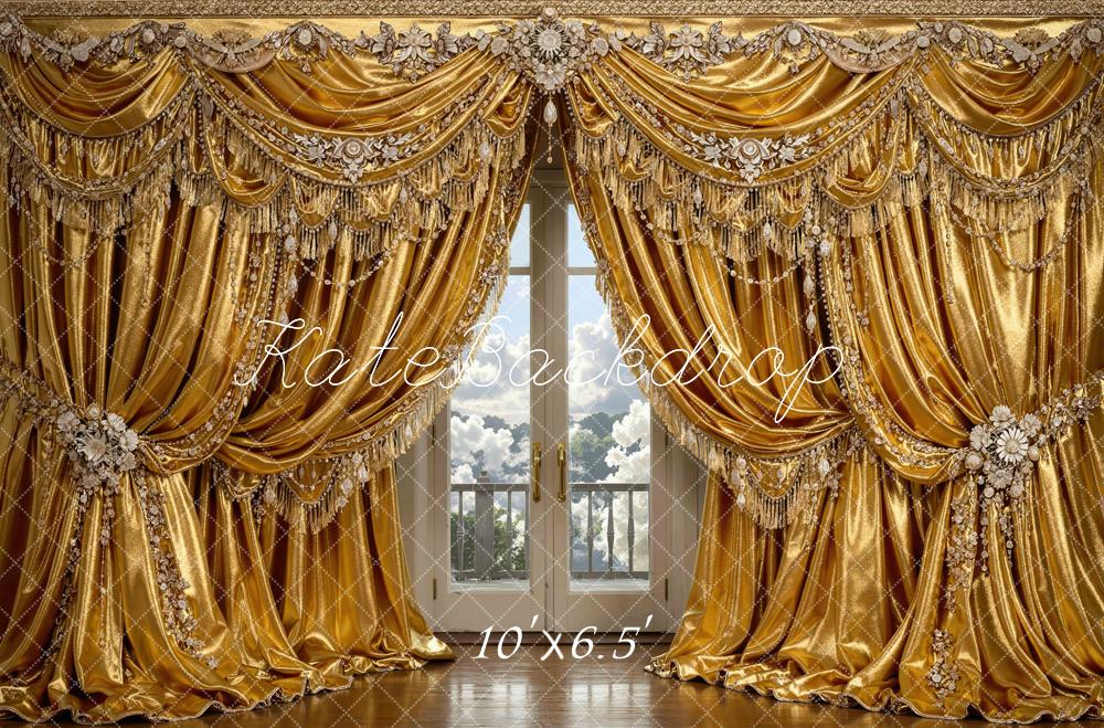 Kate Gold Ornate Curtains French Doors Printed Backdrop Designed by Mini MakeBelieve