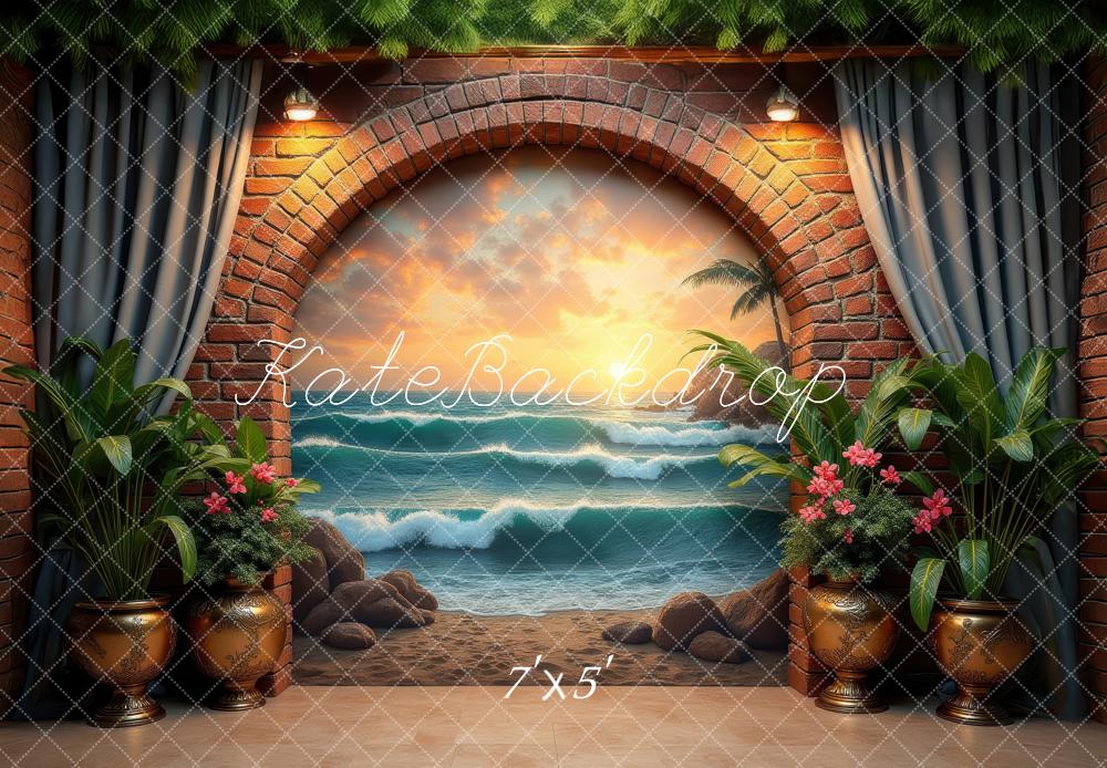 Kate Summer Brick Arch Beach Sunset Ocean Waves Printed Backdrop Designed by Laura Bybee