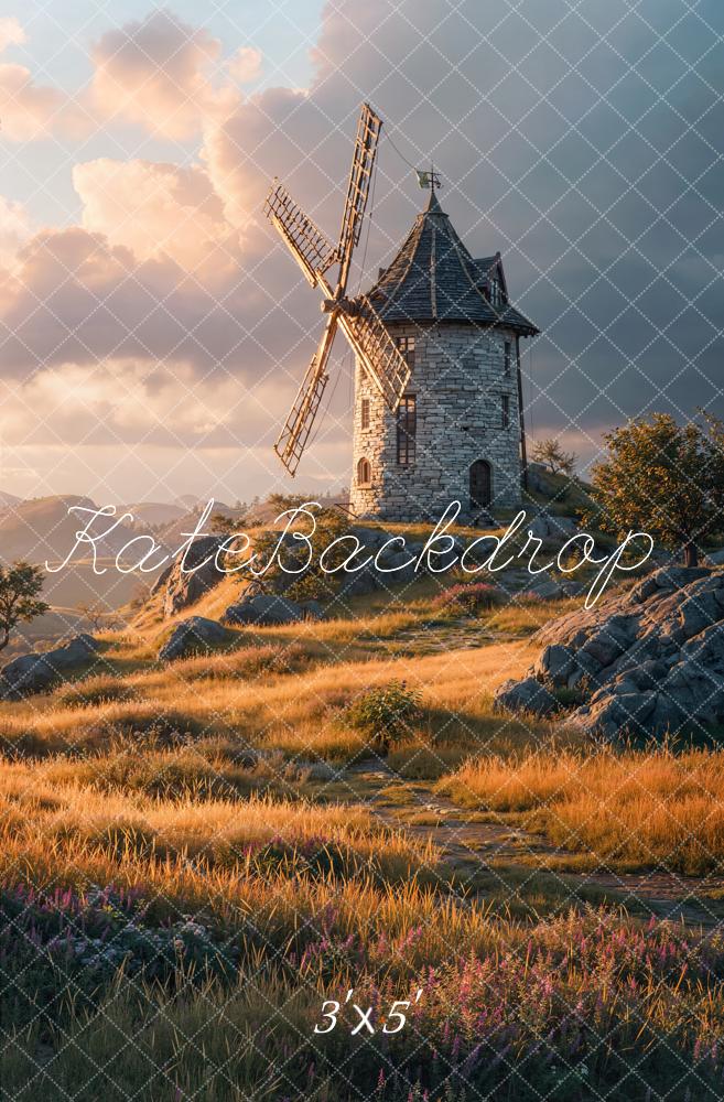 Kate Windmill Stone Sunrise Meadow Printed Backdrop Designed by Chain Photography