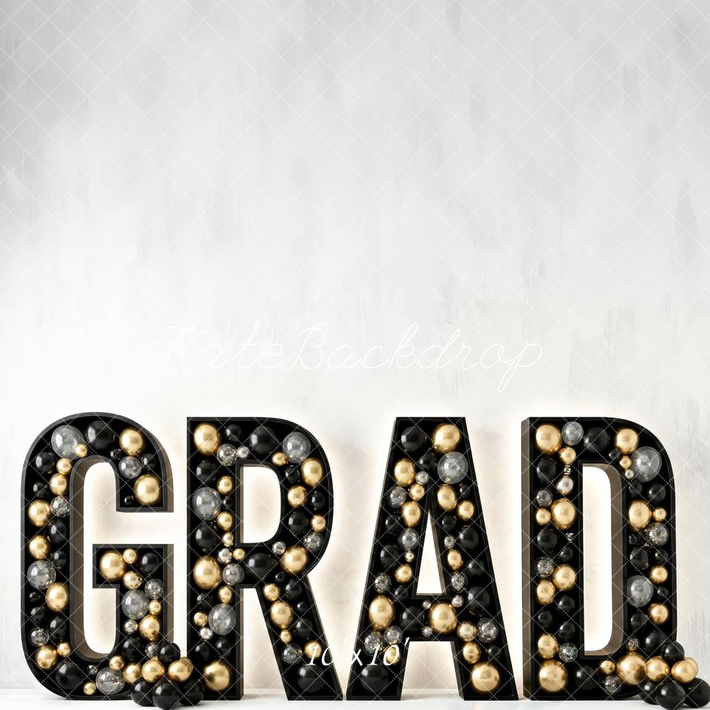 Kate Graduation Black Gold Silver Balloons Printed Backdrop Designed by Patty Roberts