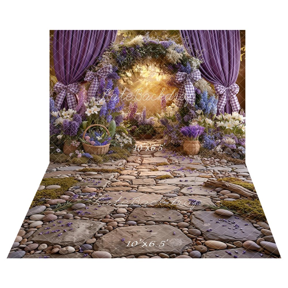 Kate Spring Flower Arch Purple Curtains Baskets Pathway Printed Backdrop+Cobblestone Path Moss Pebbles Driftwood Printed Backdrop