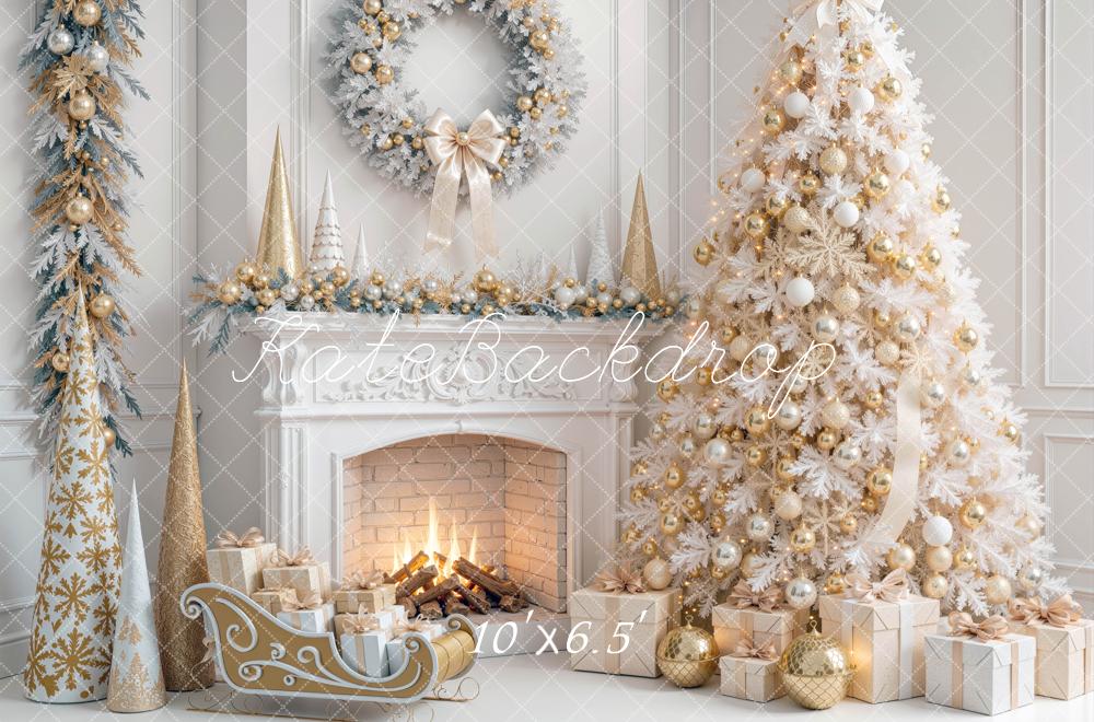 Kate Christmas White Tree Gold Decorations Fireplace Presents Sleigh Printed Backdrop Designed by Mini MakeBelieve