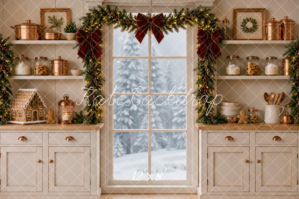 Kate Christmas White Kitchen Garland Door Gingerbread House Printed Backdrop Designed by Emetselch