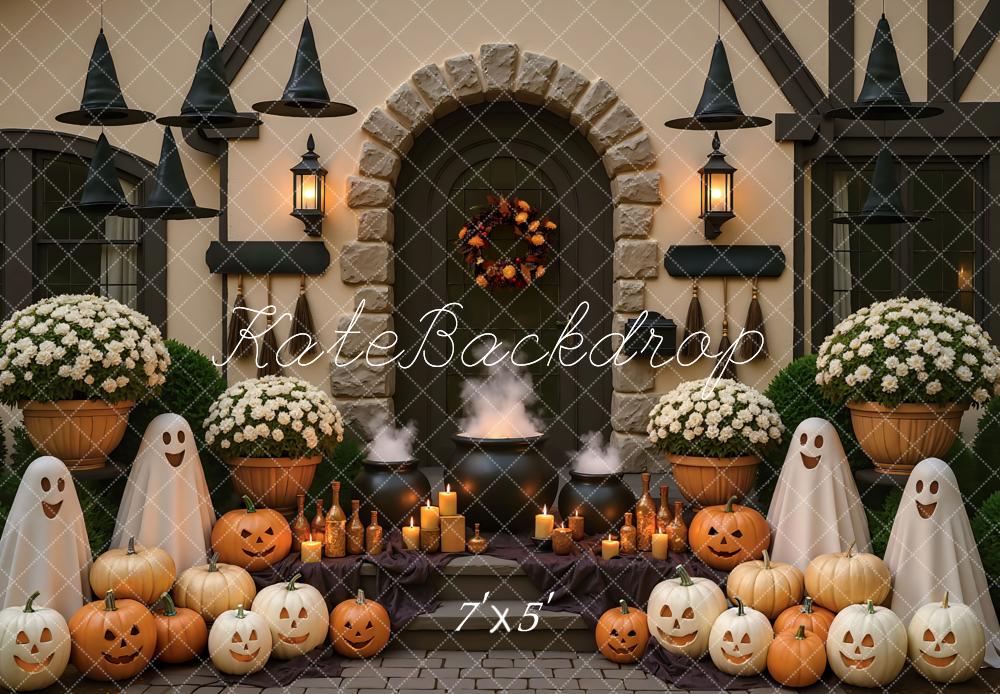 Kate Halloween Porch Ghosts Pumpkins Cauldron Witches Hats Backdrop Designed by Mini MakeBelieve