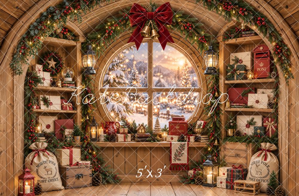 Lightning Deal Kate Christmas Rustic Workshop Gifts Circle Arched Window Bow Printed Backdrop Designed by Emetselch