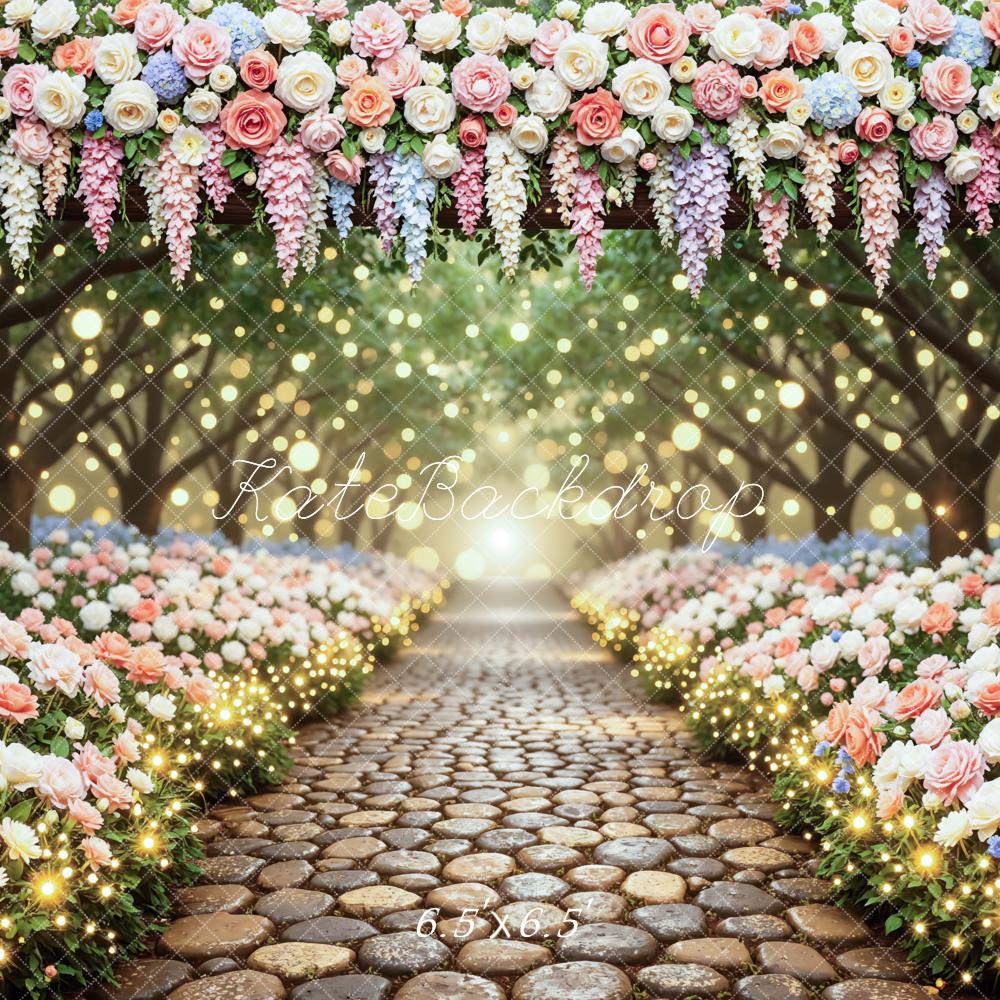 Kate Spring Flower Arch Cobblestone Pathway Bokeh Printed Backdrop Designed by Mini MakeBelieve