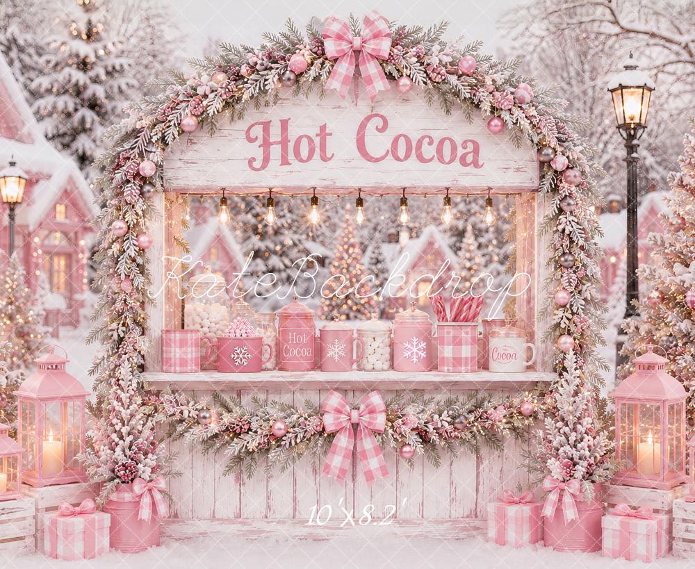 Kate Christmas Pink Hot Cocoa Stand Snowy Village Printed Backdrop Designed by Ashley Paul