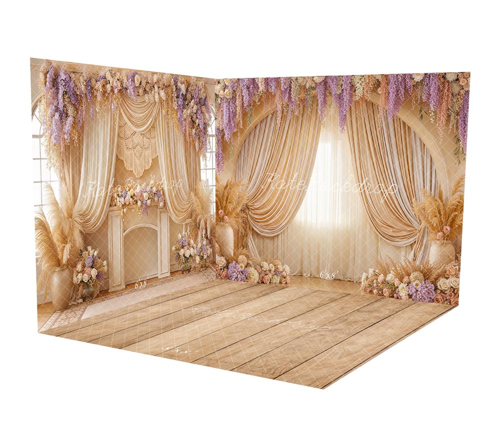Kate Flower Arch Cream Curtains Pampas Grass Floral Arrangement Backdrop Room Set