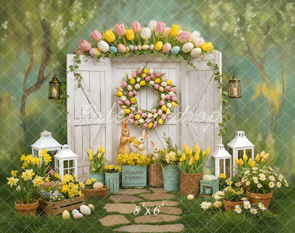 Kate Easter Bunny Tulip Wreath Garden Door Printed Backdrop Designed by Chain Photography