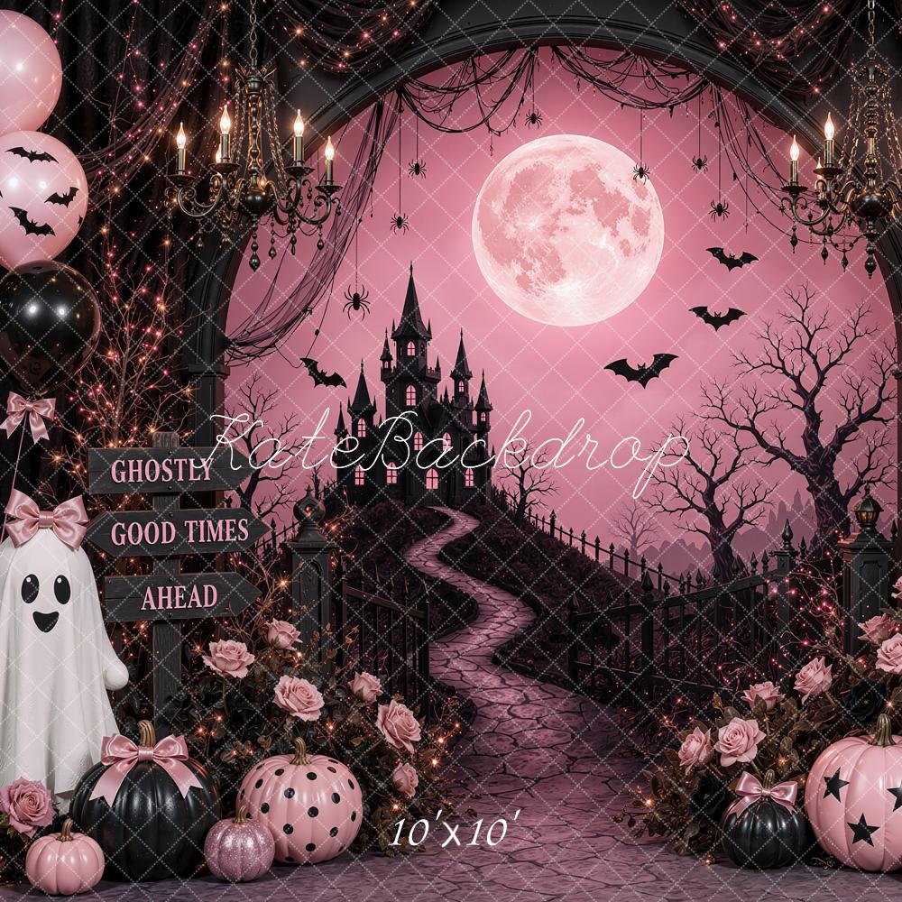 Kate Halloween Birthday Pink Gothic Castle Moon Ghosts Printed Backdrop Designed by Shutter Swan Studios