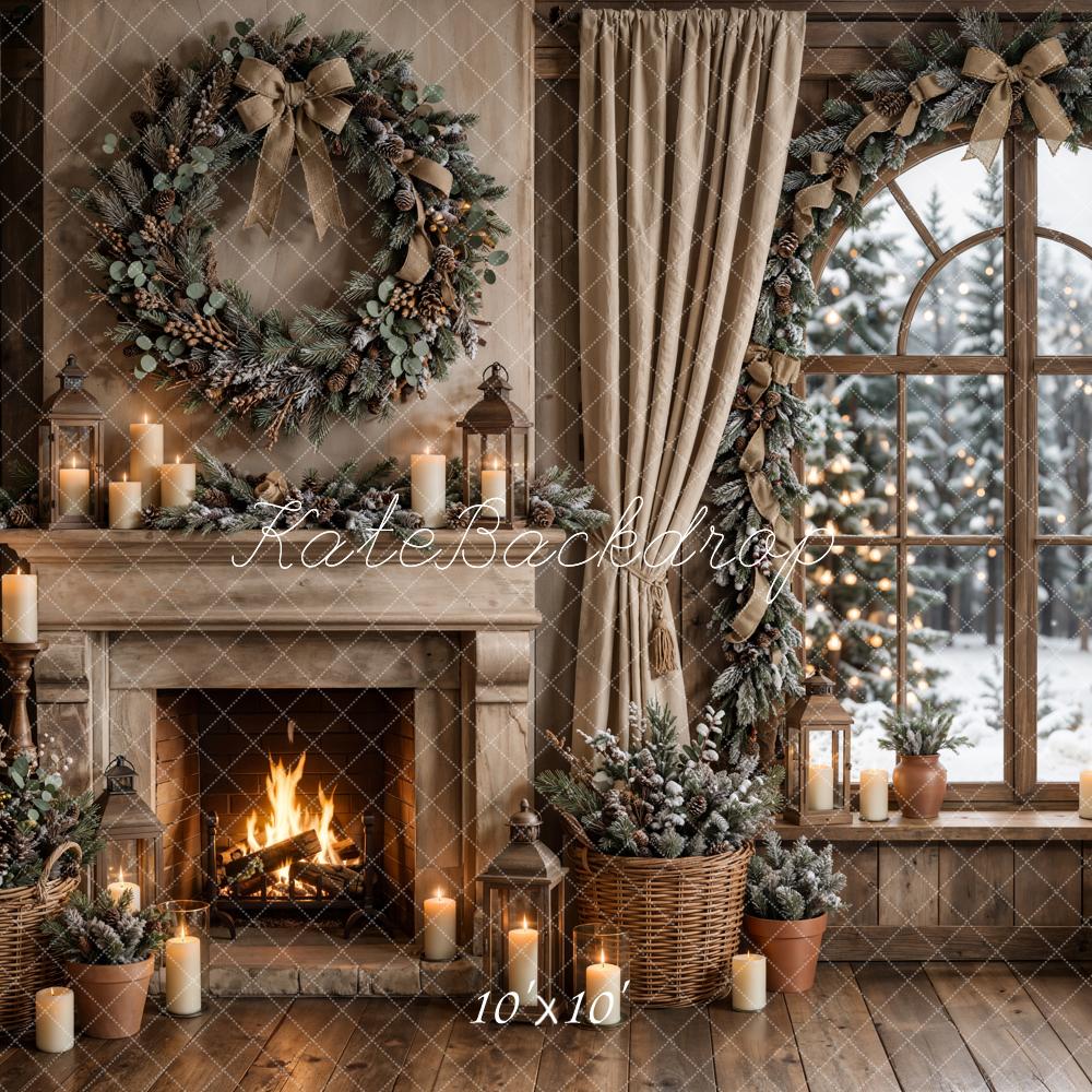 Kate Christmas Rustic Fireplace Window Wreath Printed Backdrop Designed by Emetselch