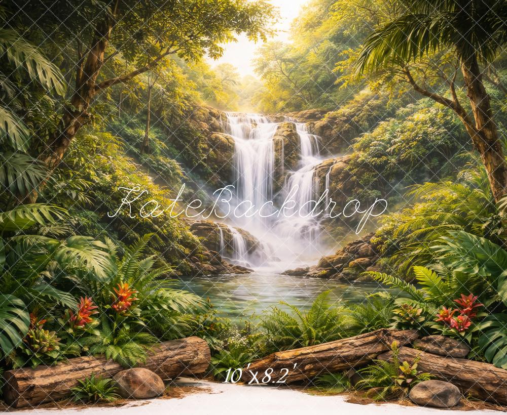 Kate Jungle Waterfall Logs Tropical Plants Printed Backdrop Designed by Megan Leigh Photography