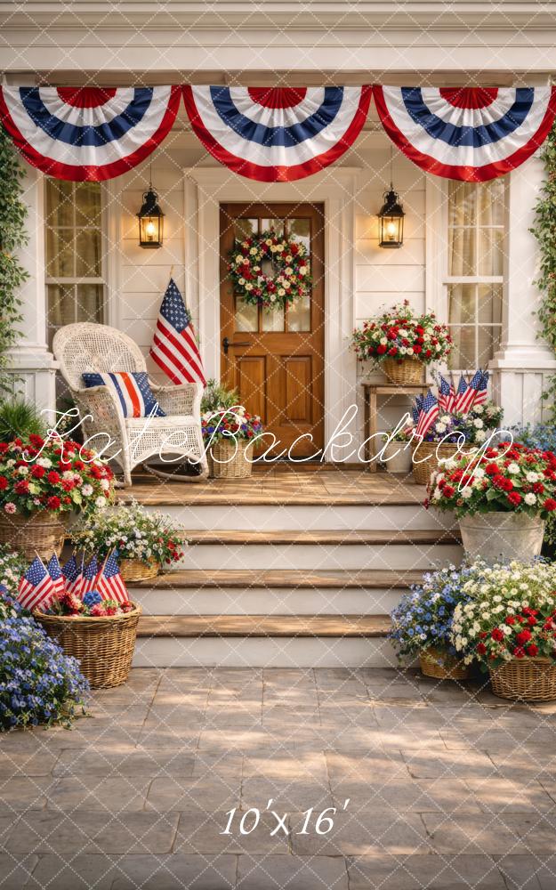 Kate Sweep Independence Day Patriotic Porch Bunting American Flags Flowers Printed Backdrop Designed by Happy Squirrel Design