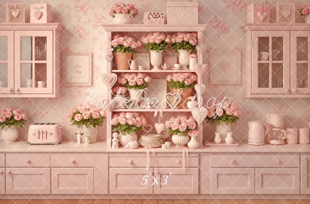 Kate Valentines Pink Kitchen Cabinet Roses Vases Heart Printed Backdrop Designed by Emetselch