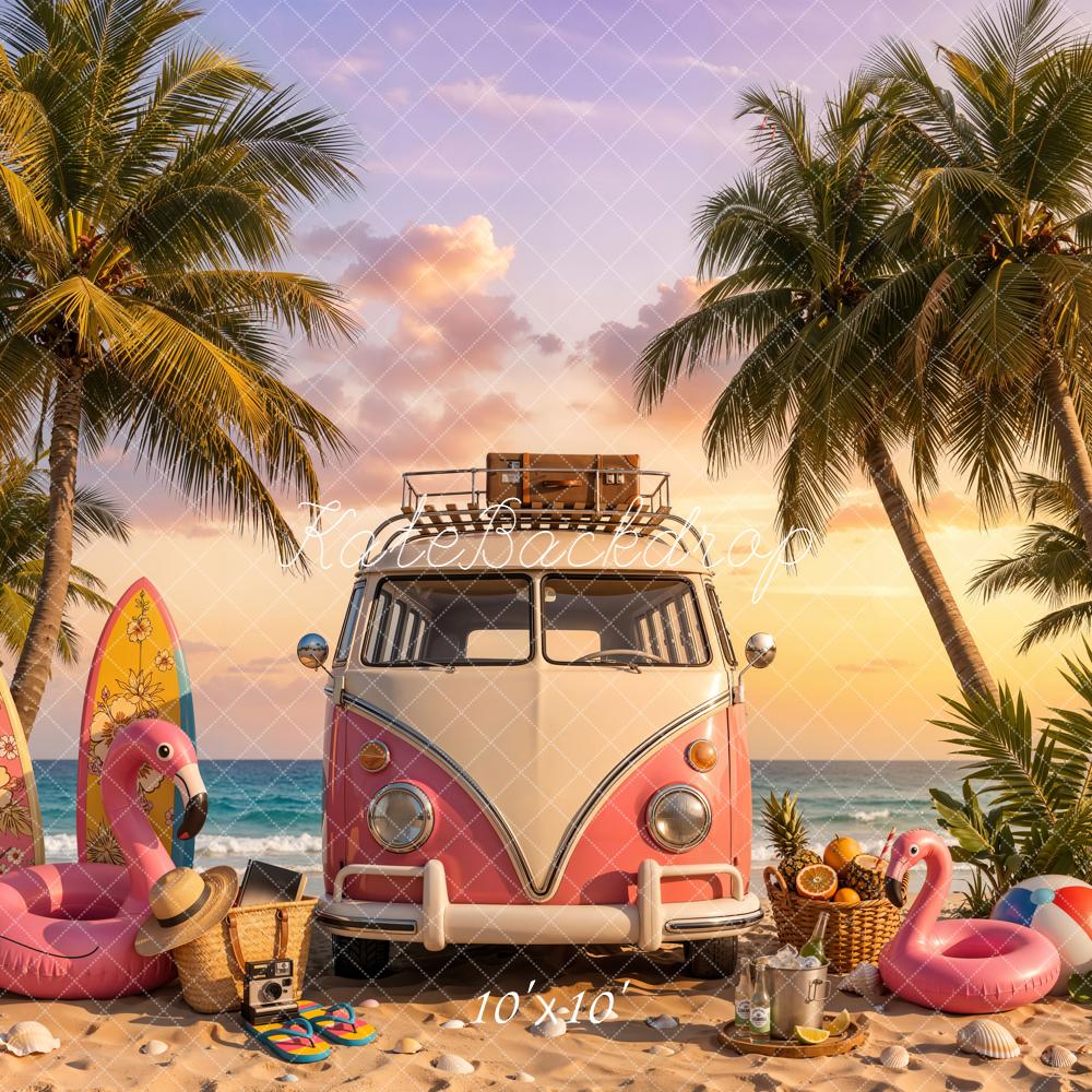 Kate Summer Beach Pink Truck Palm Trees Surfboards Flamingo Printed Backdrop Designed by Chain Photography