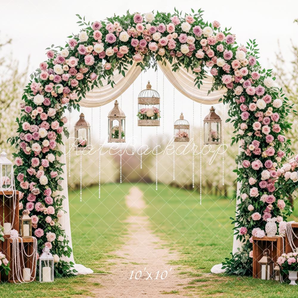 Kate Spring Flower Arch Lantern Birdcage Pink White Roses Printed Backdrop Designed by Patty Roberts