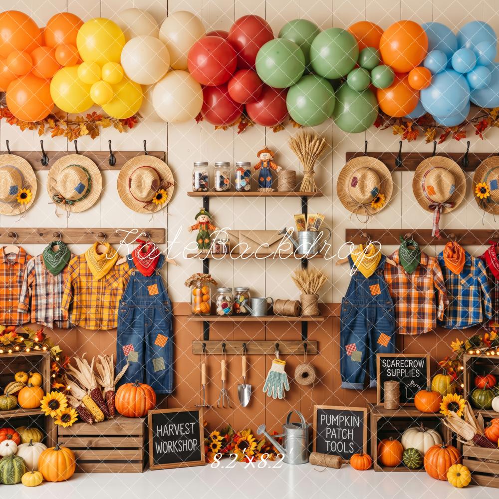 Kate Fall Birthday Little Scarecrow Workshop Pumpkins Balloons Printed Backdrop Designed by Patty Roberts