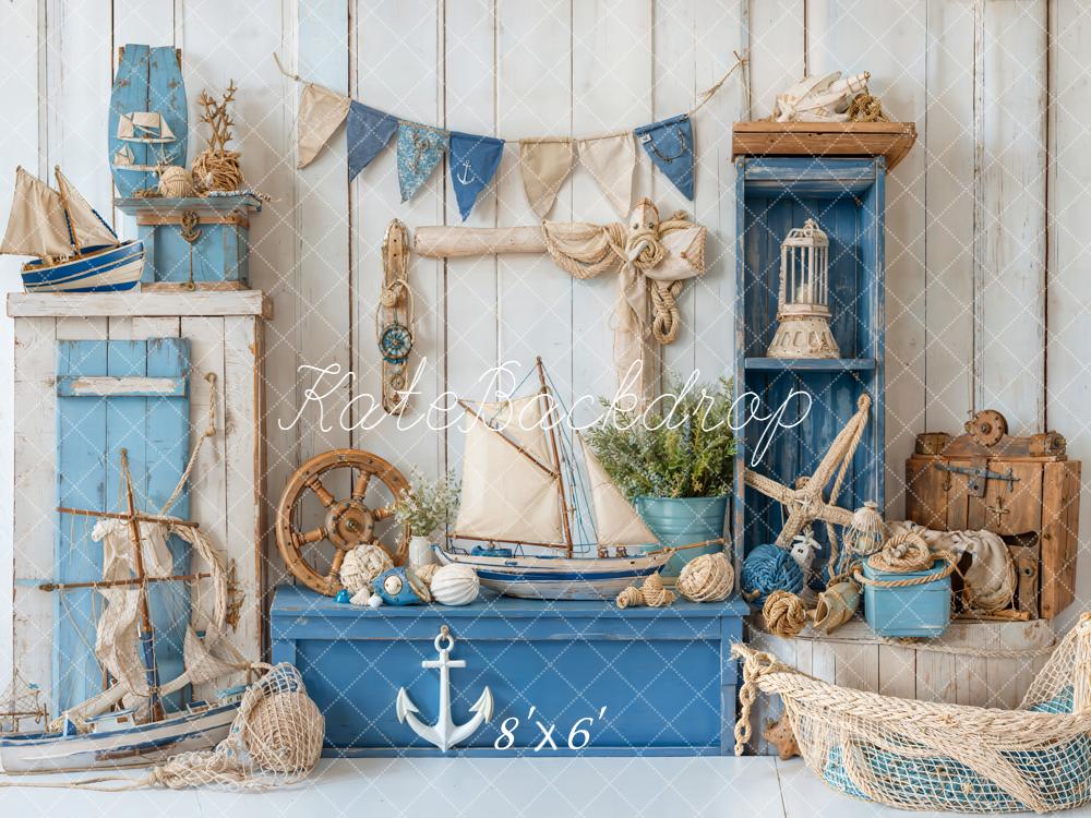 Kate Nautical Blue Sailboat Starfish Anchor Decor Backdrop Designed by Emetselch