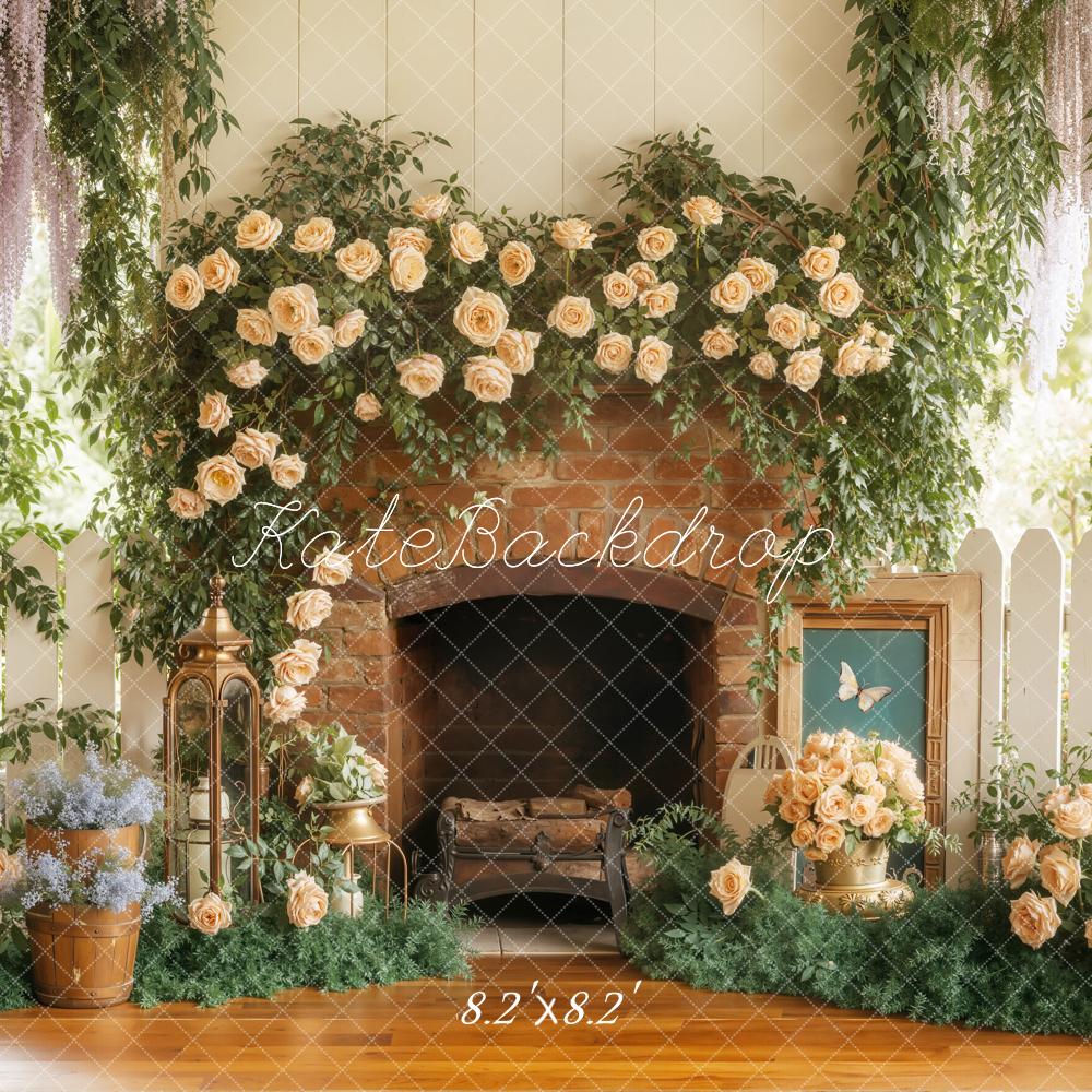 Kate Spring Flower Arch Brick Fireplace Garden Backdrop Designed by Emetselch