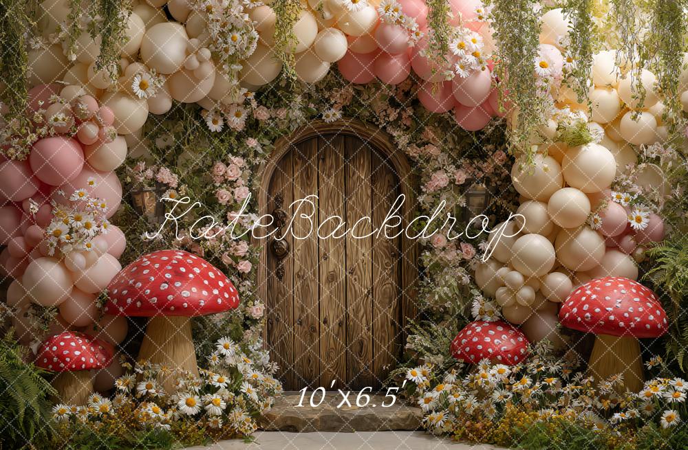 Kate Fairy Spring Balloon Arch Wooden Door Mushrooms Flowers Backdrop Designed by Ashley Paul