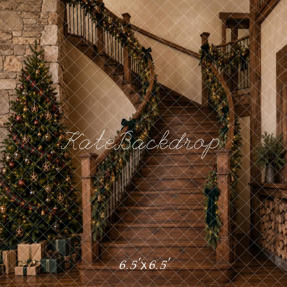 Kate Christmas Rustic Wood Staircase Garland Christmas Tree Printed Backdrop Designed by Vertigo Productions