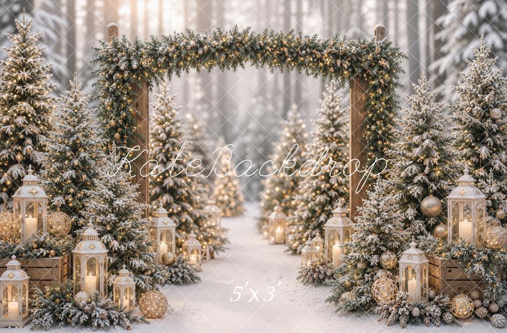 Kate Christmas Pine Arch Snowy Forest Lanterns Printed Backdrop Designed by Emetselch