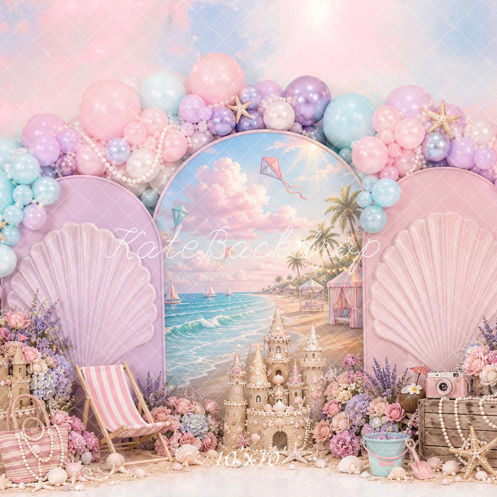Kate Mermaid Pink Beach Shell Balloon Sandcastle Printed Backdrop Designed by Ashley Paul