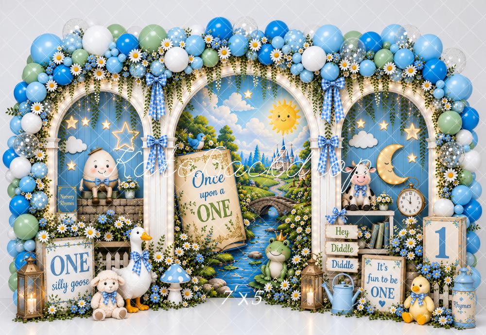 Kate 1st Birthday Nursery Storybook Balloon Arch Goose Blue Printed Backdrop Designed by Ashley Paul