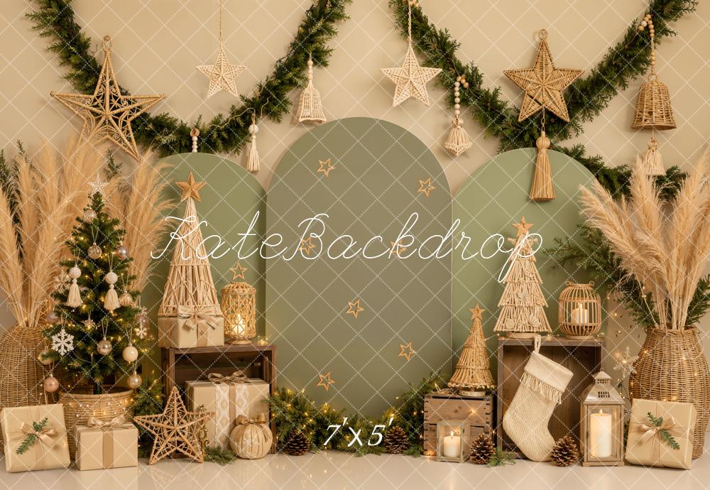 Kate Christmas Boho Green Arch Panels Trees Stars Printed Backdrop Designed by Emetselch
