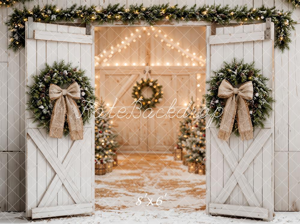 Kate Christmas White Barn Doors Wreaths Garland Bow Printed Backdrop Designed by Emetselch