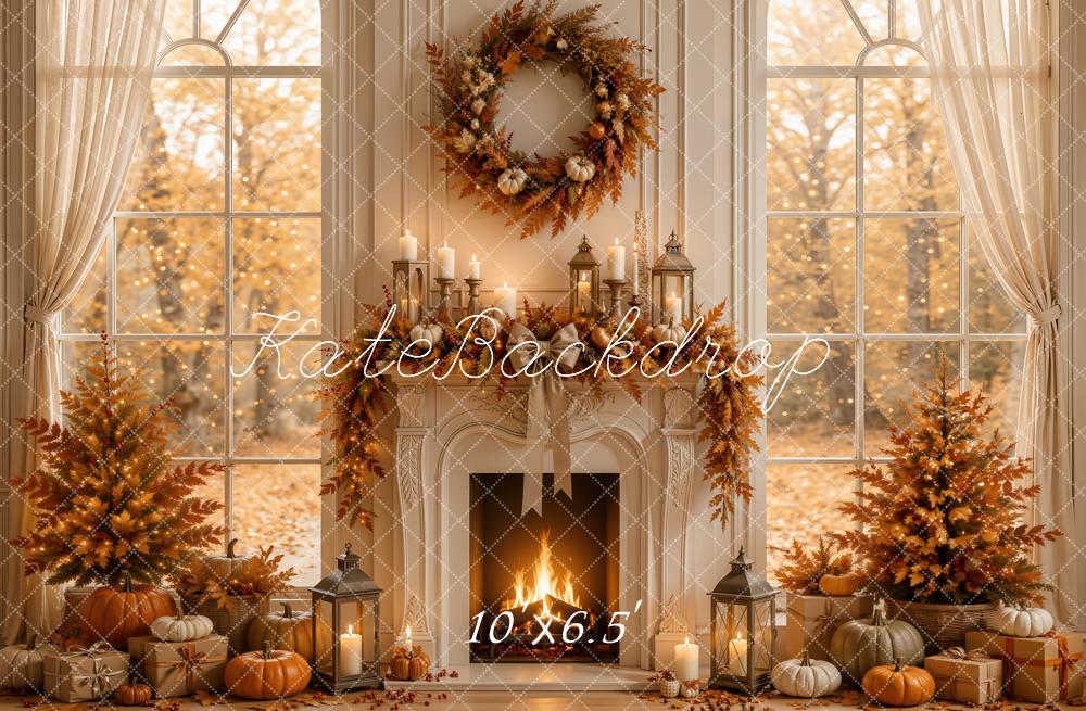 Kate Fall Fireplace Window Pumpkin Wreath Cozy Printed Backdrop Designed by Emetselch