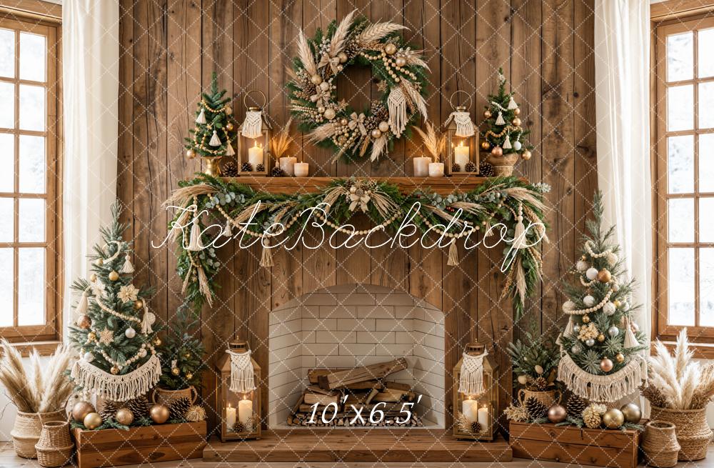Kate Christmas Rustic Wood Fireplace Boho Wreath Garland Trees Printed Backdrop Designed by Emetselch