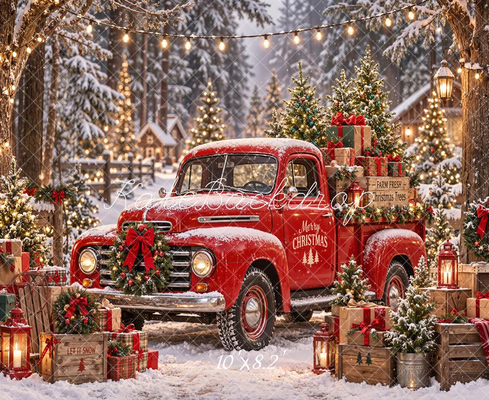 Kate Christmas Red Vintage Truck Gifts Snowy Village Printed Backdrop Designed by Emetselch
