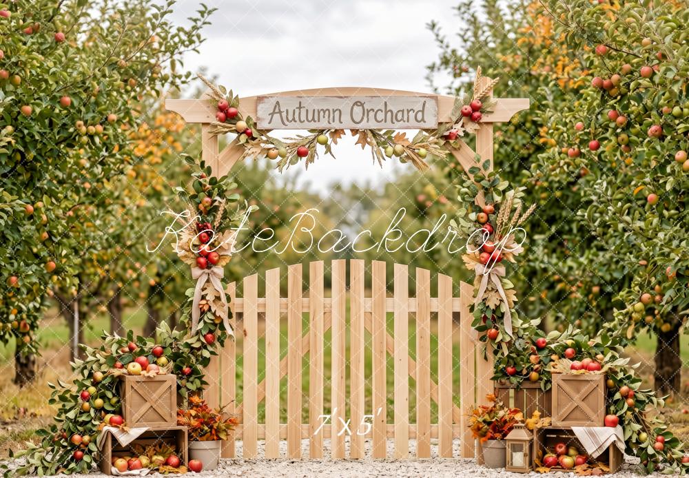 Kate Fall Apple Orchard Gate White Picket Fence Printed Backdrop Designed by Patty Roberts
