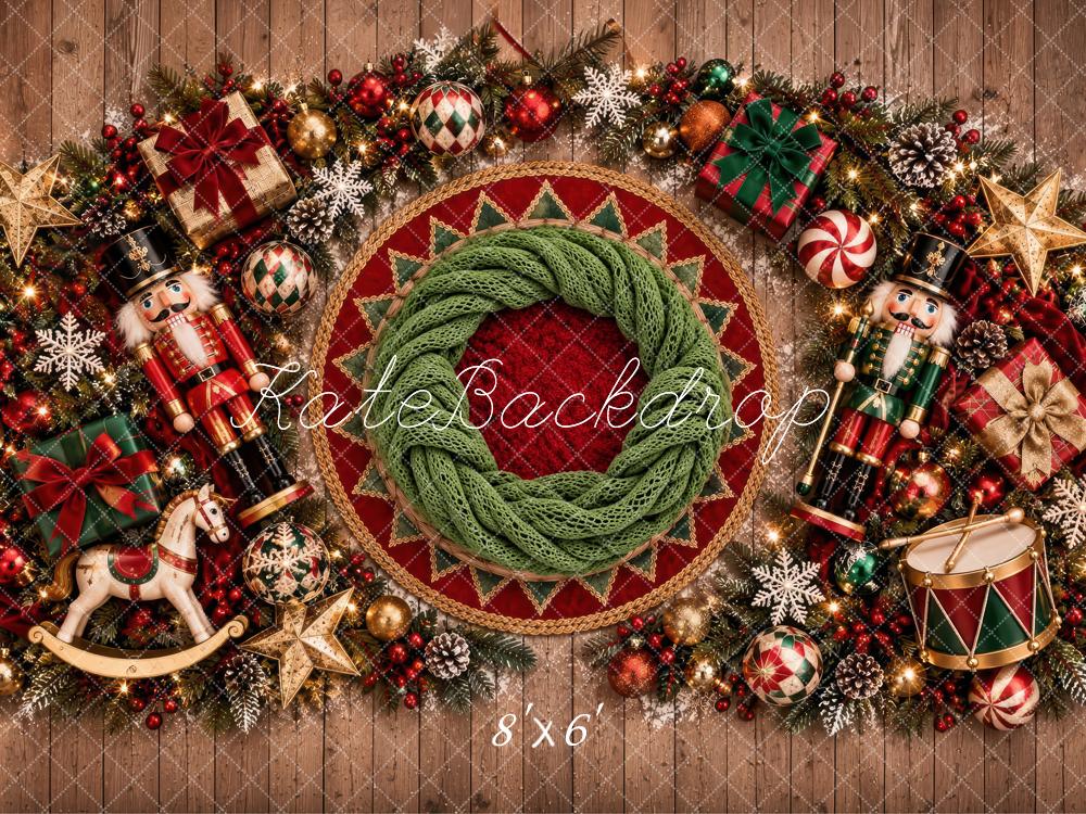 Kate Christmas Newborn Nutcracker Wreath Garland Red Green Printed Backdrop Designed by Laura Bybee