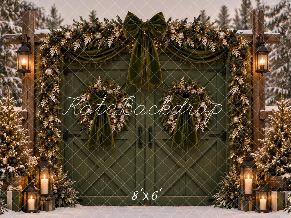 Kate Christmas Green Barn Door Garland Velvet Bow Snow Printed Backdrop Designed by Ashley Paul