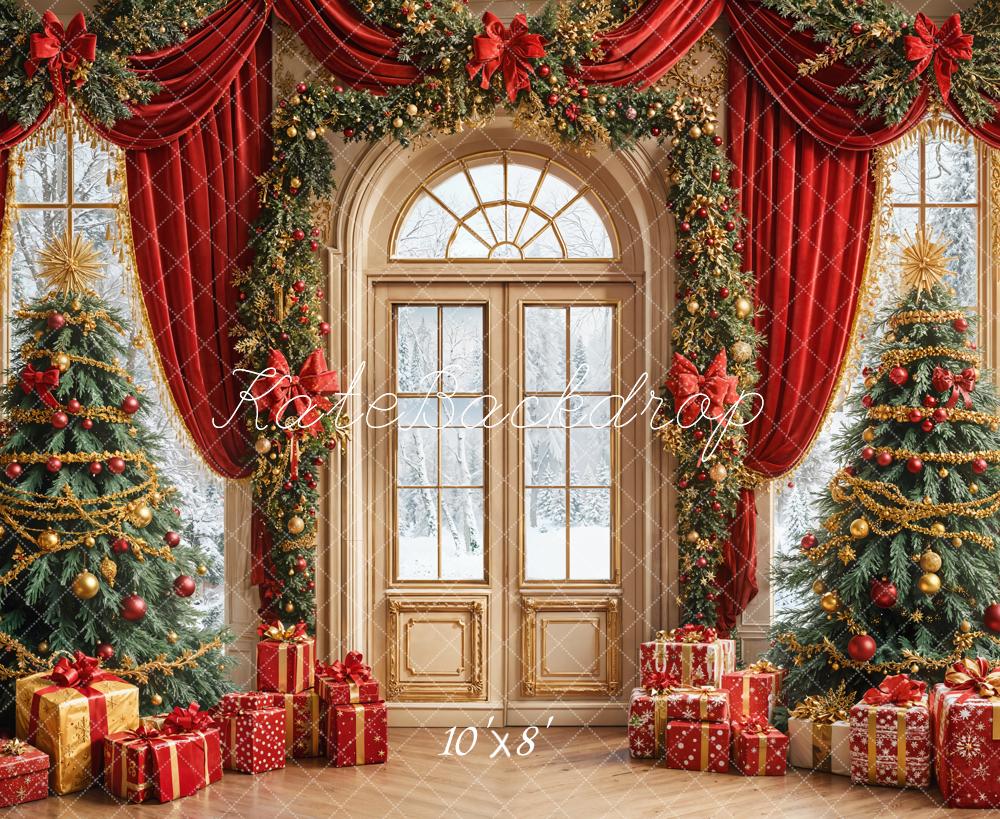 Kate Christmas Tree Red Curtain Arched Door Printed Backdrop Designed by Emetselch