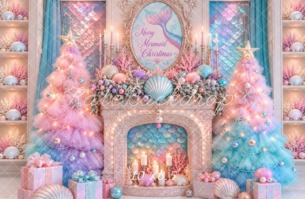Kate Christmas Mermaid Seashell Fireplace Printed Backdrop Designed by Ashley Paul