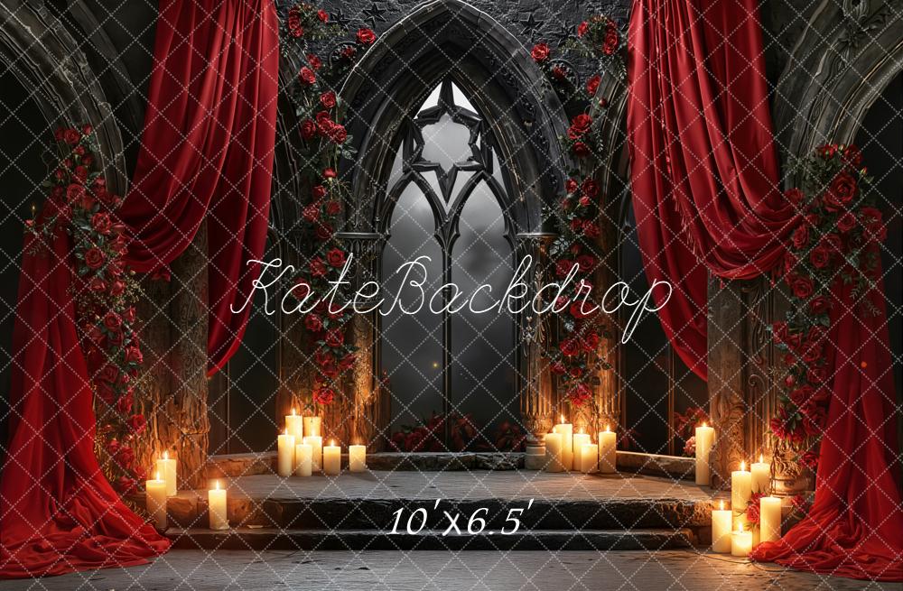 Kate Valentines Gothic Arch Window Red Drapes Roses Candles Backdrop Designed by Emetselch