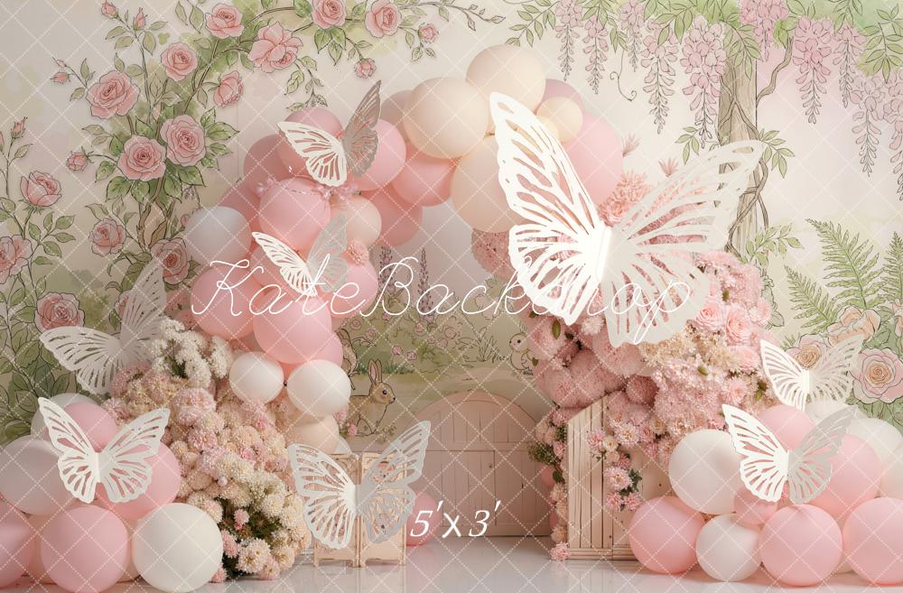 Kate Cake Smash Flower Arch Pink Balloons Roses Butterflies Printed Backdrop Designed by Emetselch