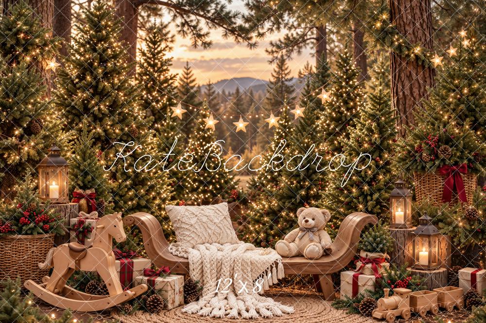 Kate Christmas Forest Cozy Rocking Horse Teddy Bear Printed Backdrop Designed by Emetselch