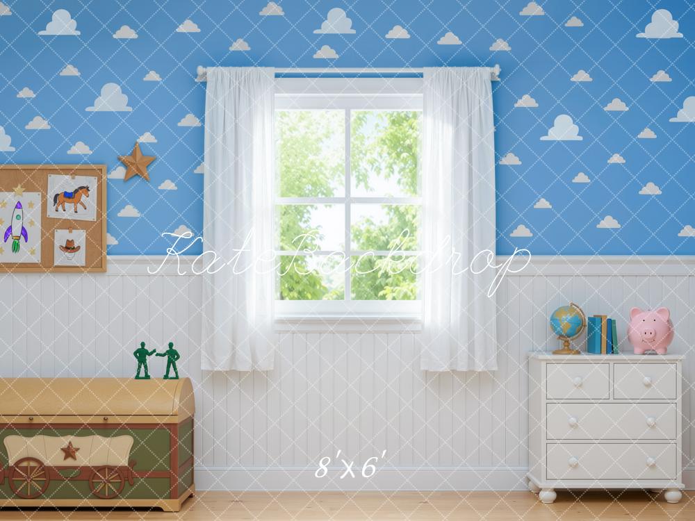 Kate Toys Room Blue Cloud Window Curtains Printed Backdrop Designed by Mini MakeBelieve