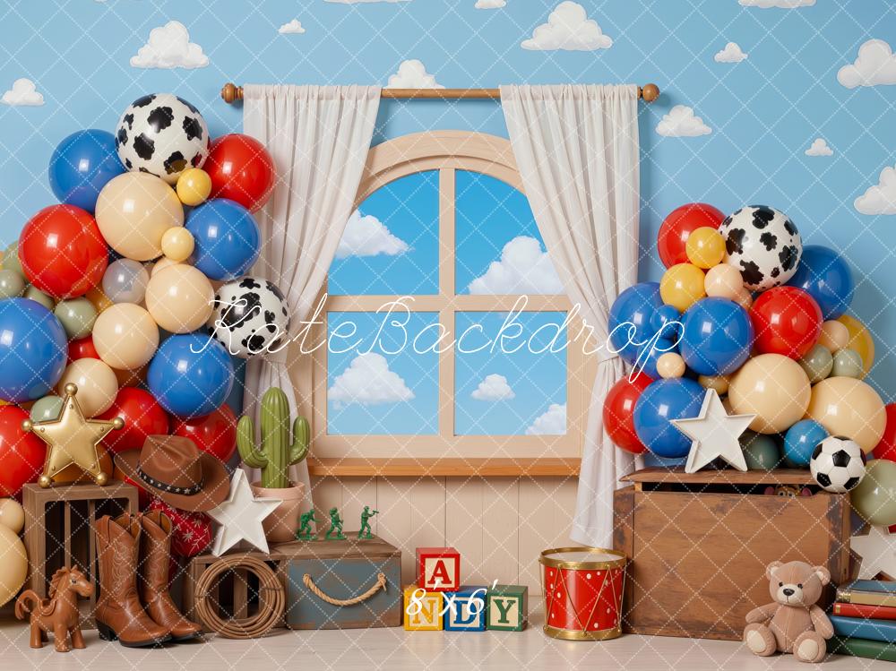 Kate Cake Smash Cowboy Toys Boots Balloons Window Blocks Printed Backdrop Designed by Mini MakeBelieve