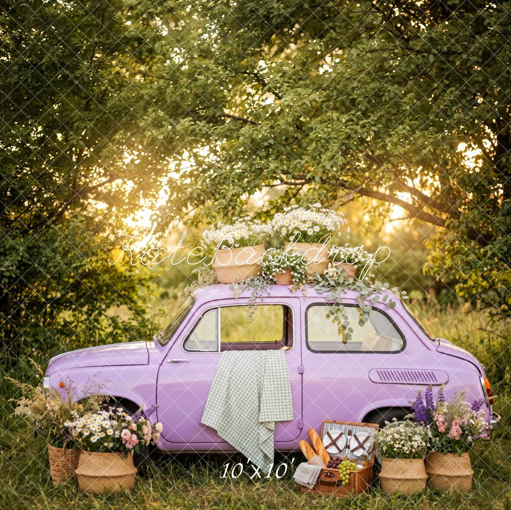 Kate Forest Purple Vintage Car Picnic Flowers Printed Backdrop Designed by Patty Roberts
