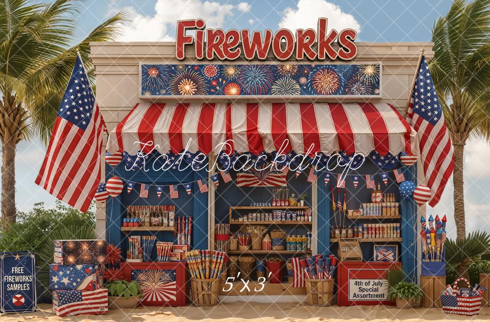 Kate 4th Of July Fireworks Booth Red White Blue Flags Printed Backdrop Designed by Chain Photography